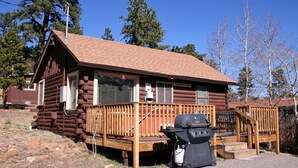 Une cabane en rondins avec une terrasse et un barbecue à l’avant.