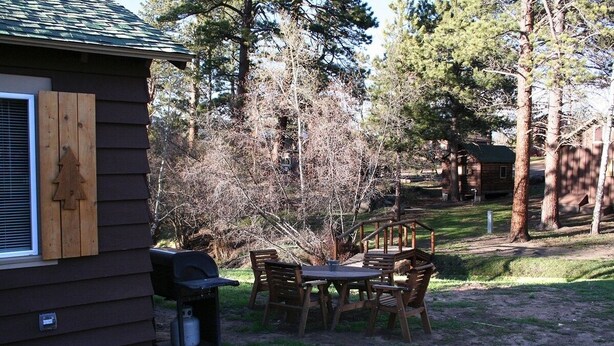 Une cabane en bois avec une table et des chaises à l’extérieur, entourée d’arbres et d’un petit abri de jardin.