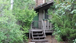 Eine Holzhütte mit einer Holztreppe, die zu einer Veranda führt, umgeben von dichtem Grün.