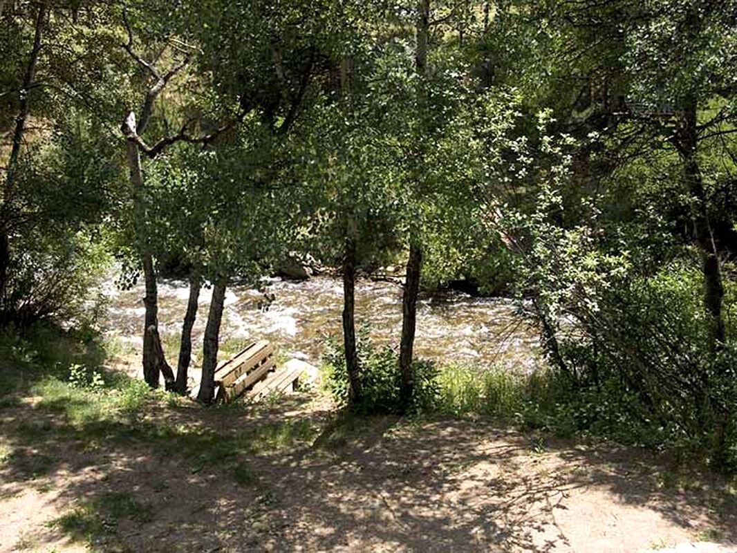 Un cadre naturel en plein air, avec un sentier de terre, des arbres et un banc en bois.