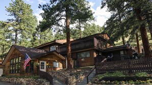 A log cabin with a stone staircase leading to the entrance, surrounded by tall pine trees.