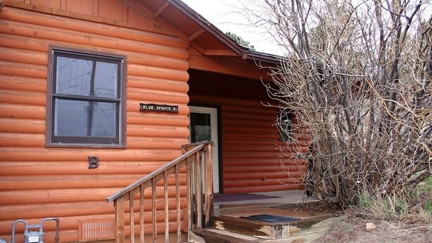 Une cabane en rondins avec un escalier en bois menant à une porte portant l’inscription « BLUE SPRUCE B ».
