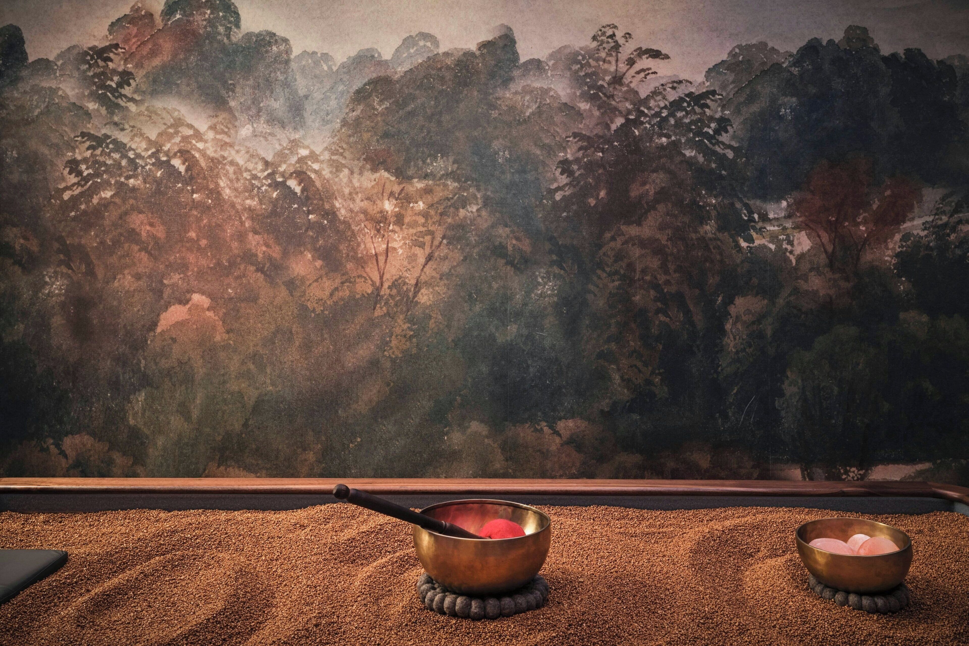 Une pièce avec vue sur un paysage boisé, visible à travers une fenêtre. On y trouve deux bols posés sur un tapis texturé, l’un contenant un objet noir et l’autre un objet rouge.
