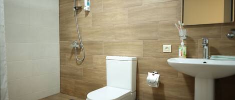 Un baño con ducha, inodoro, lavabo y un espejo sobre el lavabo.