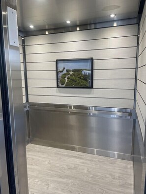 A modern elevator interior with a stainless steel finish, a framed picture on the wall, and a light wood floor.