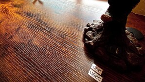 A wooden floor with a small figurine and a USB drive. - Bear Mountain -Suite 4 (Grants Pass)