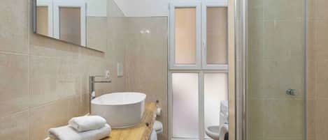 Shower, hair dryer, bidet, towels