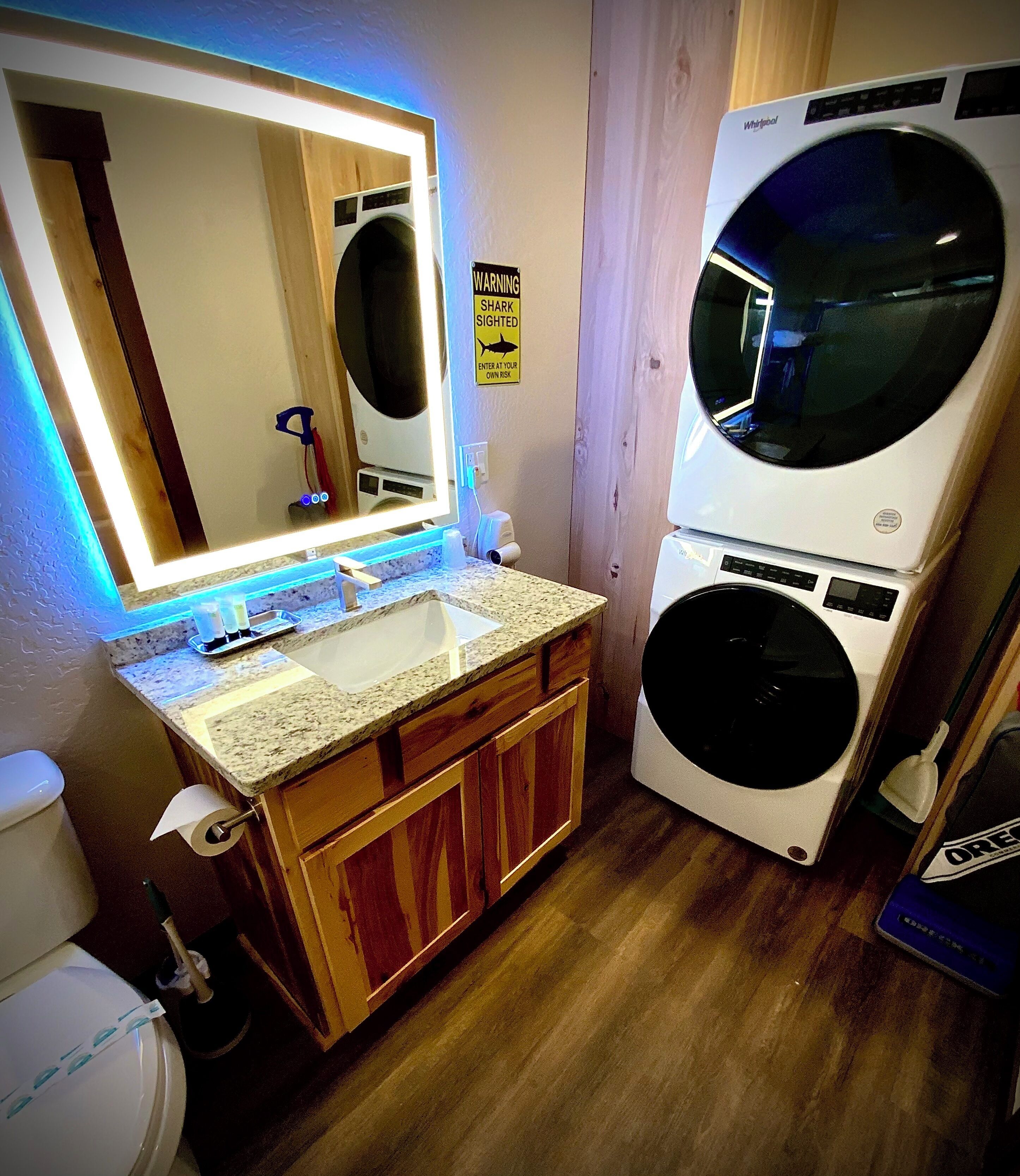 Hair dryer, towels, soap, toilet paper