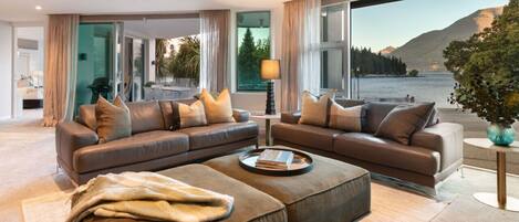 Smart TV, fireplace, books, stereo