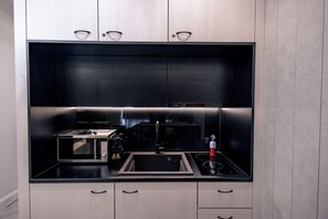 Réfrigérateur, micro-ondes, plaque de cuisson, cafetière/bouilloire