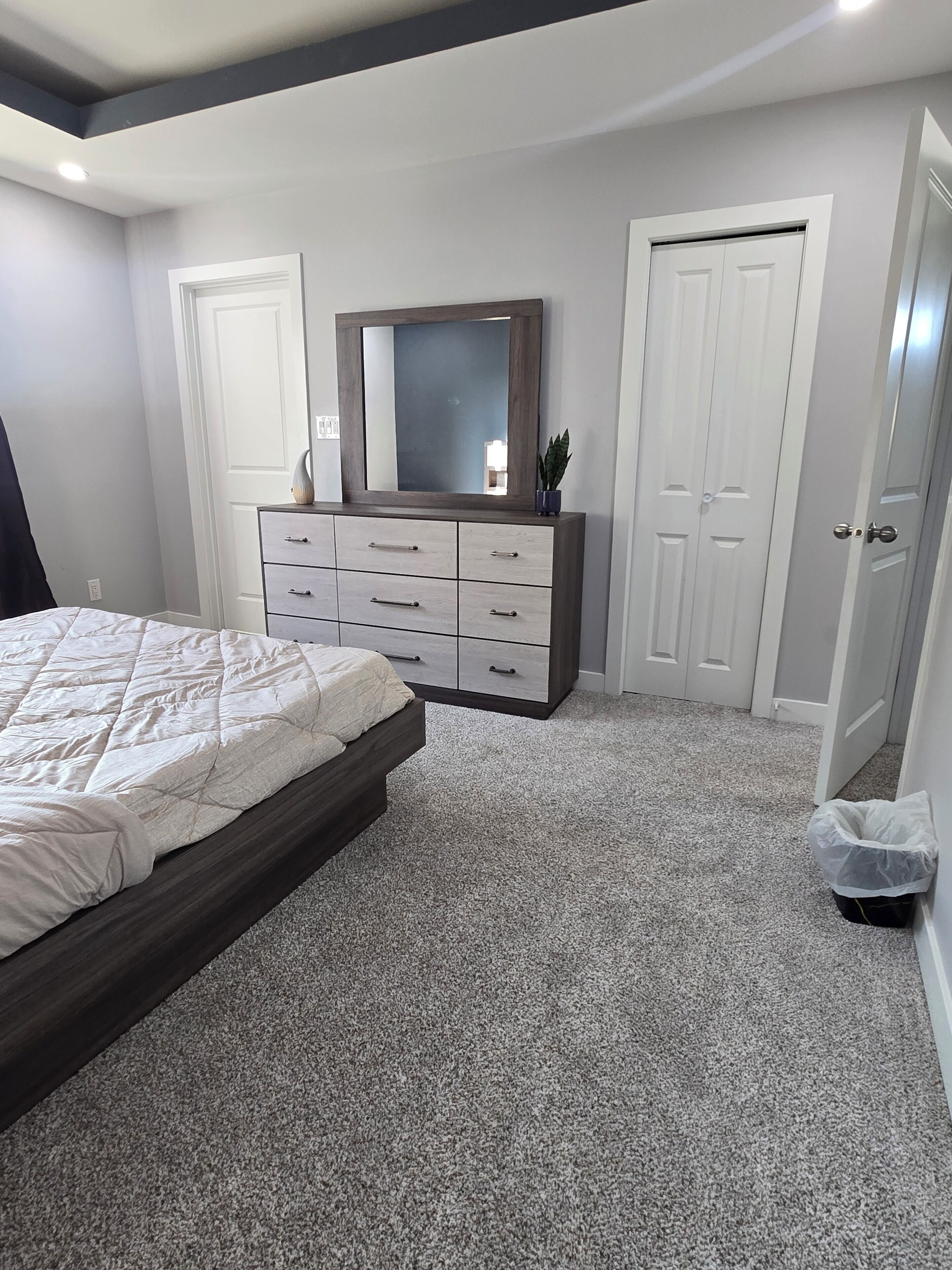 A bedroom with a bed, a dresser, a mirror, and two doors.