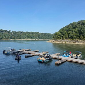 Una marina con barcos amarrados a muelles de madera, rodeada por una orilla boscosa.