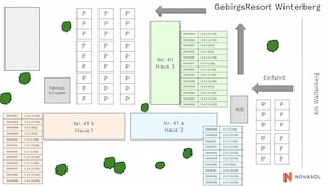 Distribución de un hotel con varias habitaciones, identificadas como Nr. 41 a, b y 3, y una sección etiquetada como Fahrad-Schuppen.