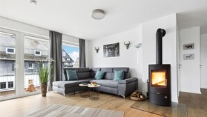 A modern living room with a grey sofa, a glass fireplace, and a view of the outside. - GebirgsResort Winterberg (Winterberg)
