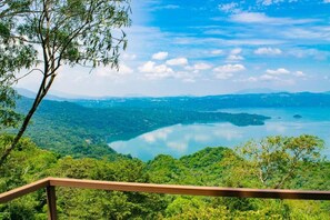 A panoramic view of a lush green landscape with a lake and distant mountains.