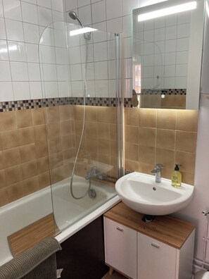 Hair dryer, soap, shampoo, toilet paper