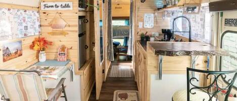 Microwave, coffee/tea maker, cookware/dishes/utensils, spices