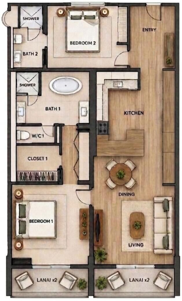 A floor plan of a hotel with two bedrooms, two bathrooms, a kitchen, a dining area, a living room, and two lanai areas.