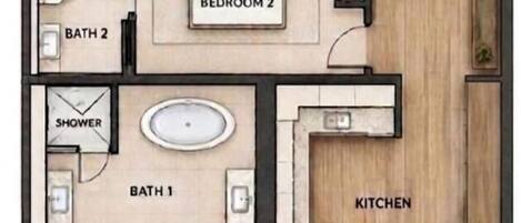 A floor plan of a hotel with two bedrooms, two bathrooms, a kitchen, a dining area, a living room, and two lanai areas.