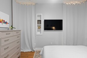 1 bedroom, desk, iron/ironing board, bed sheets