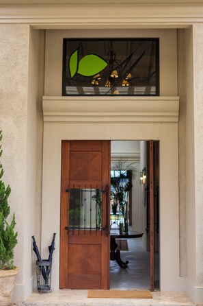 Une porte en bois avec un portail en métal, une plante en pot et une fenêtre ornée d’un motif de feuilles vertes.