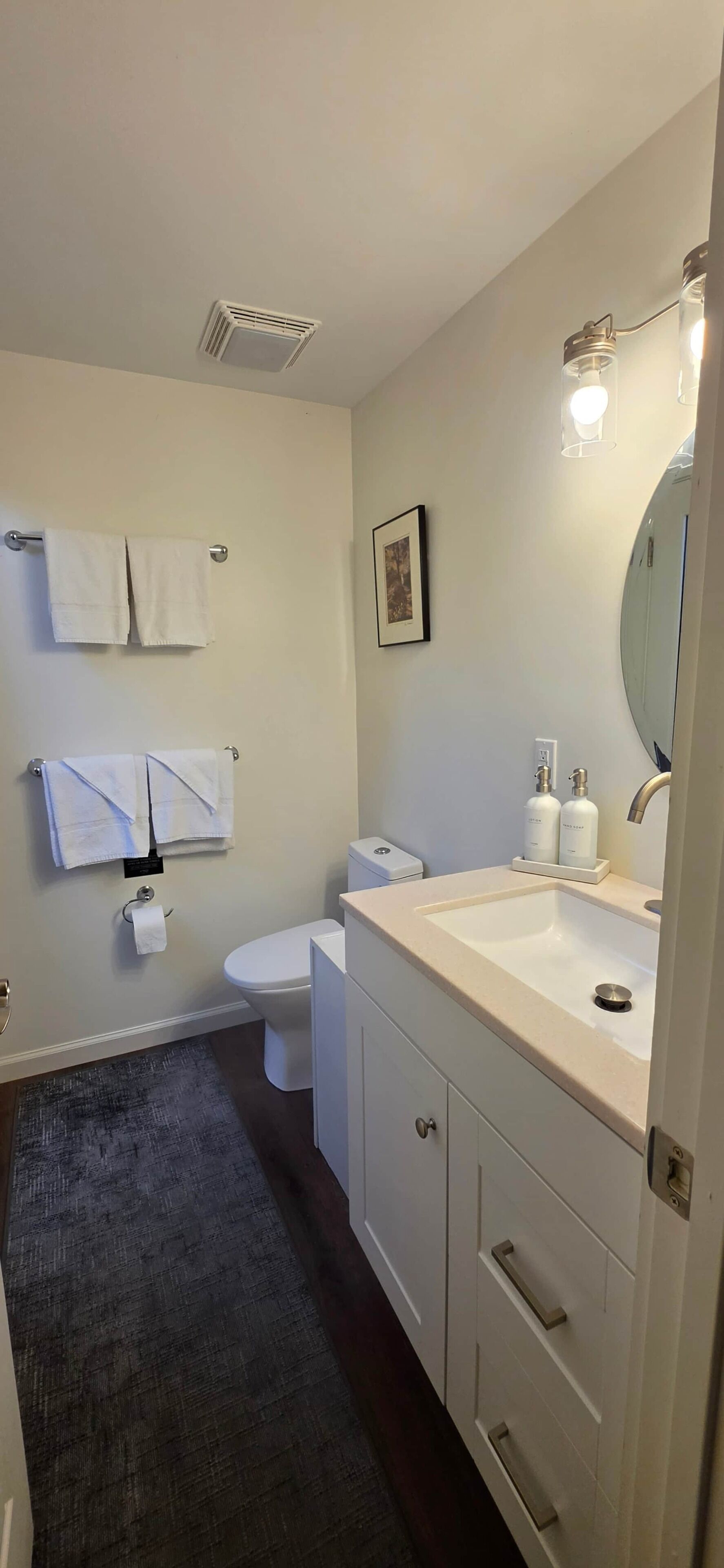 A bathroom with a toilet, sink, and towel rack.
