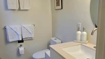 A bathroom with a toilet, sink, and towel rack.