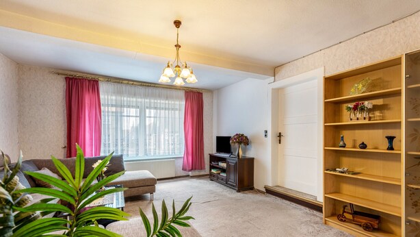 A living room with a sofa, a coffee table, a TV stand, a wooden bookshelf, and a potted plant. - Apartment 'Ferienwohnung Im Harz' with Wi-Fi (Harzgerode)