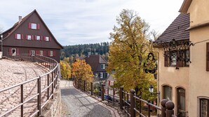 A cobblestone street with buildings, a metal railing, and autumn trees. - Appartment Krämerstube (Altensteig)