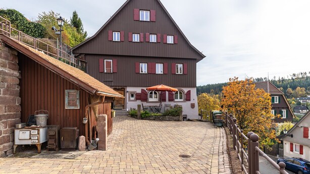 A traditional building with a sloped roof, a stone staircase, and a paved courtyard. - Appartment Apothekerstube (Altensteig)