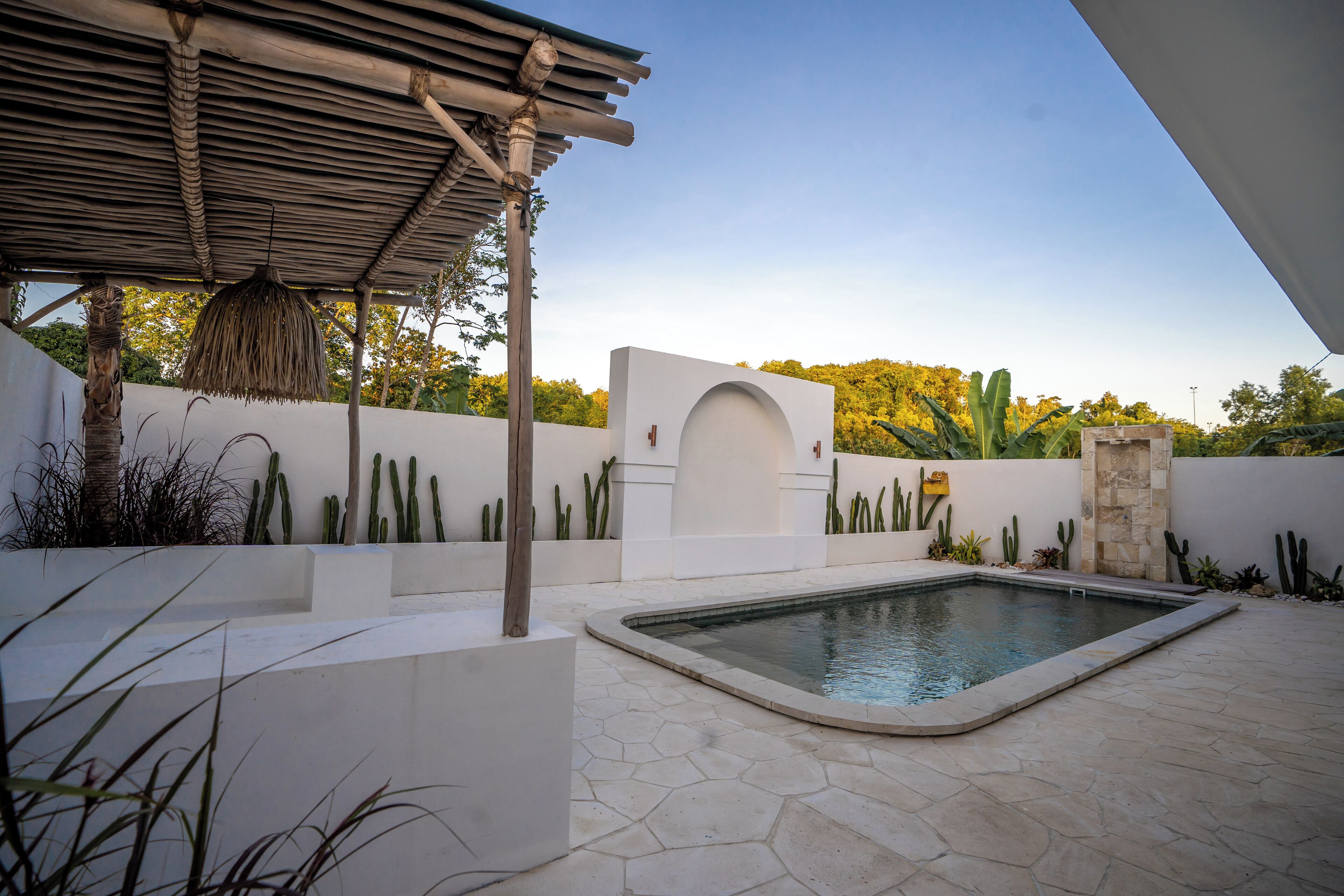 A modern outdoor pool area with a stone patio, a pergola, and cacti.