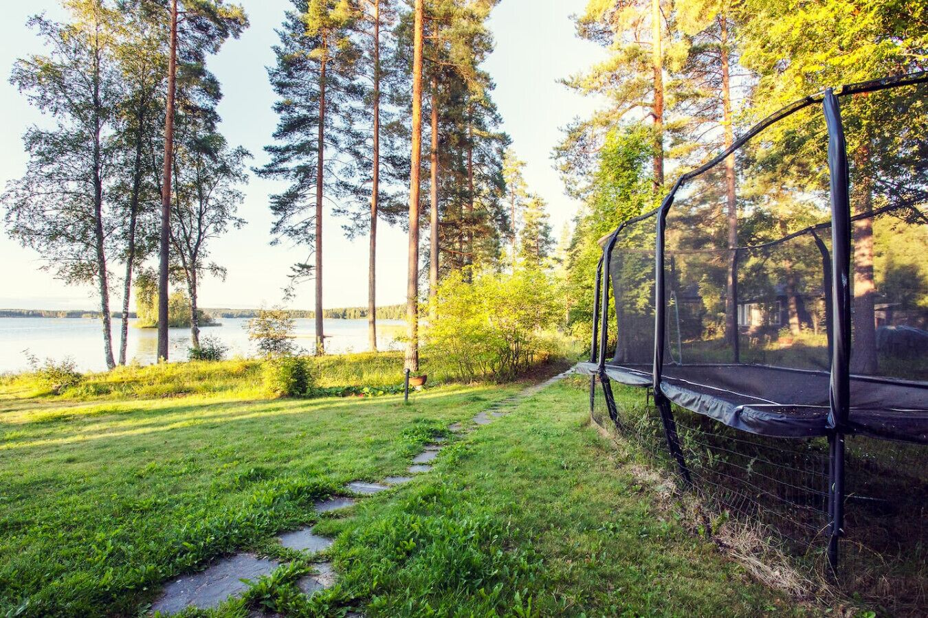 A trampoline in a grassy area with a lake and trees in the background.