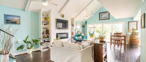 TV connectée, cheminée, livres