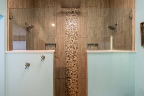 Shower, hair dryer, shampoo