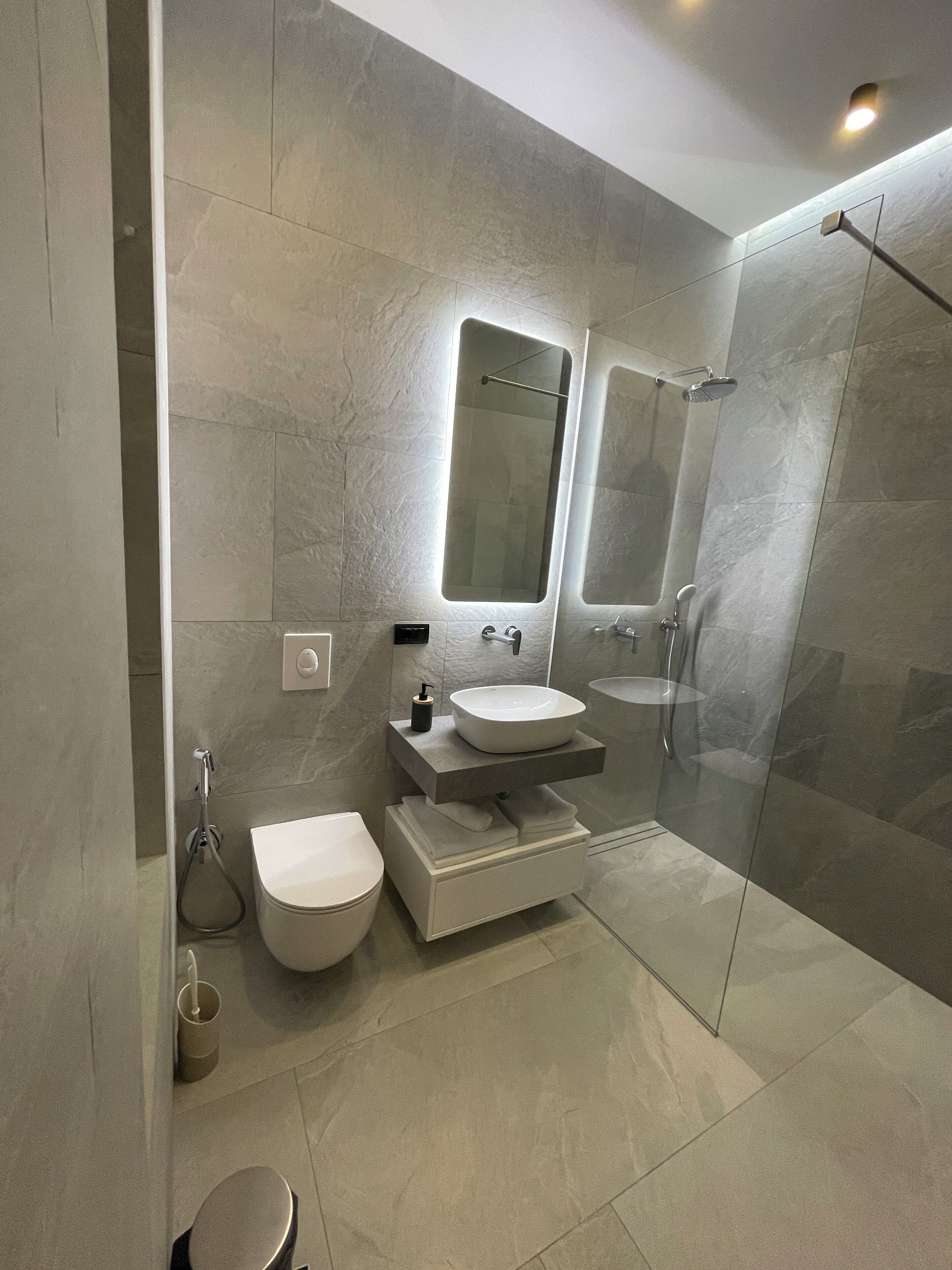 Un baño moderno con ducha envuelta en vidrio, un lavamanos blanco y un inodoro.