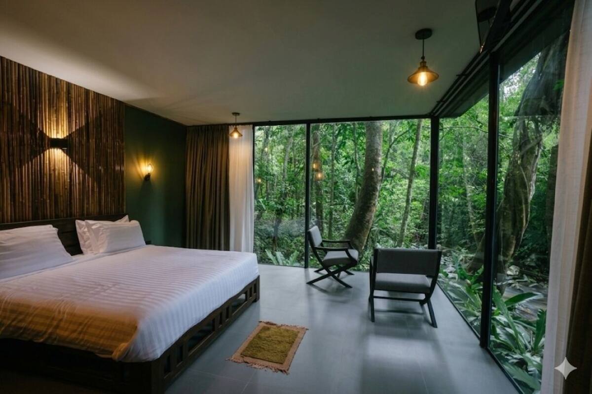 A bedroom with a bed, a chair, a small table, and a large window overlooking a forest.
