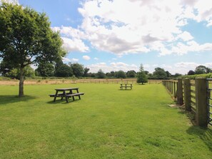 A grassy field with picnic tables and a wooden fence.