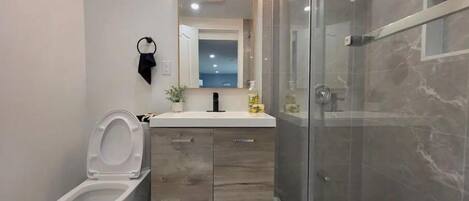 Secadora de cabello, toallas, jabón, papel de baño