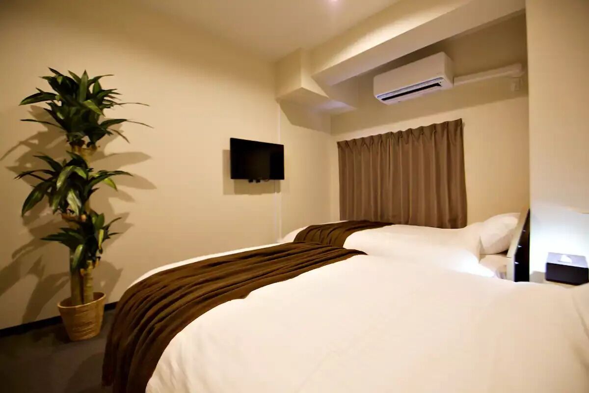 Habitación de hotel con cama, planta en maceta, equipo de aire acondicionado y televisor.
