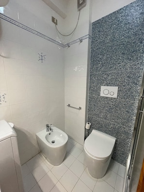 Een douche, een haardroger, een bidet, handdoeken