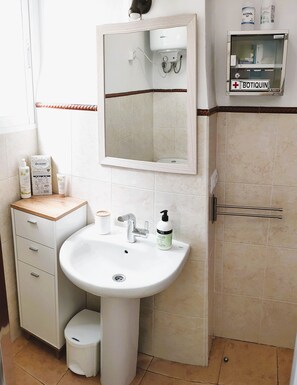 Shower, hair dryer, towels