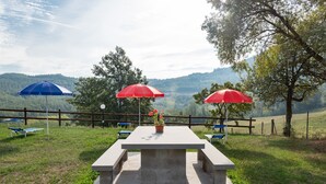 Une table de pique-nique avec une plante en pot, deux parasols rouges et une vue sur un paysage vallonné.