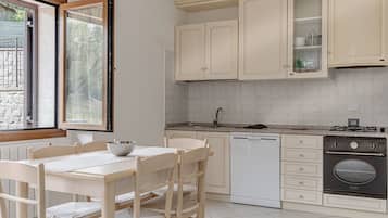 Een koelkast, een oven, een kookplaat, een vaatwasser