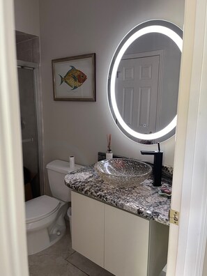 Bathroom features a toilet, sink with granite countertop, and a large mirror with circular lighting.
