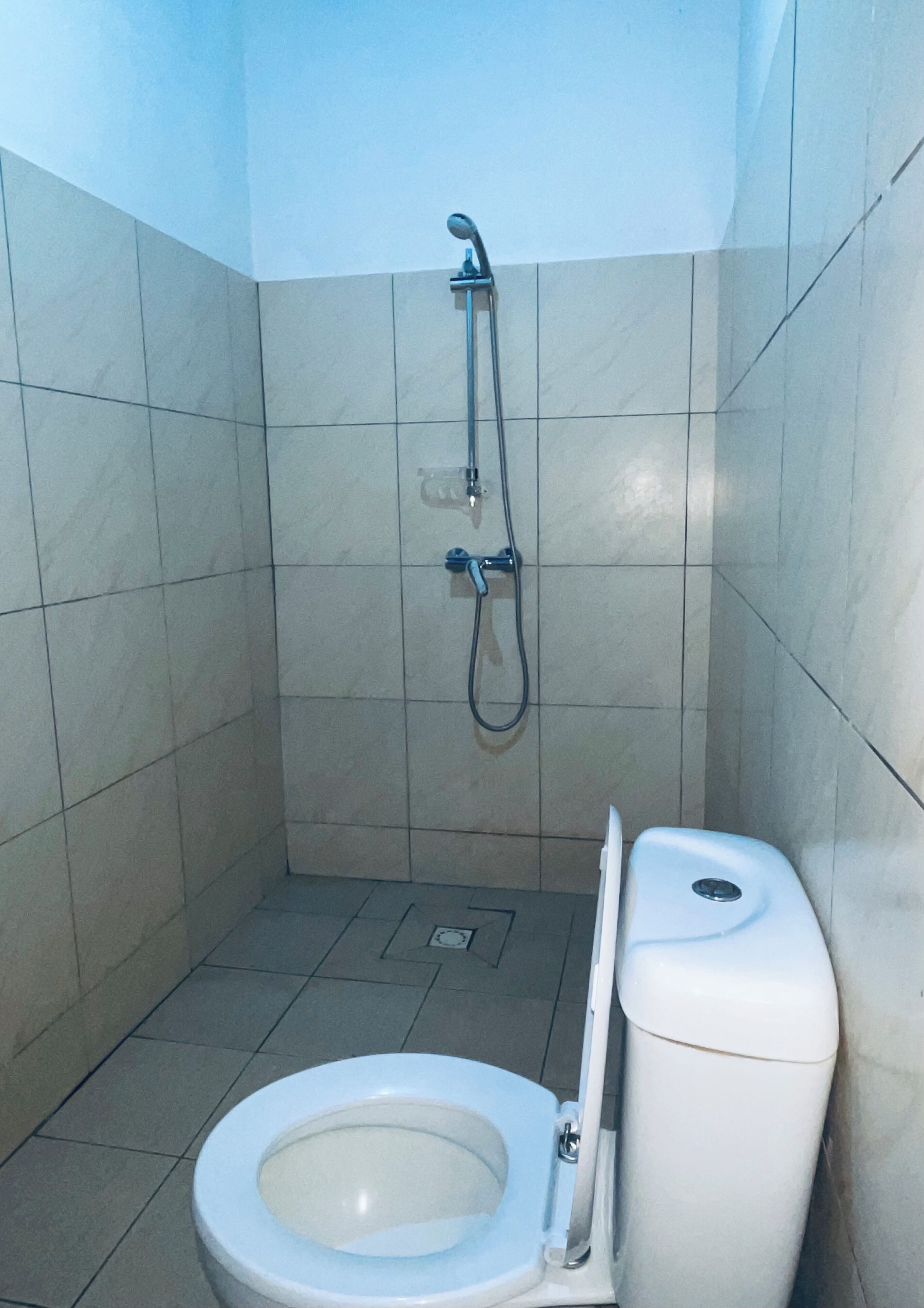 A small, tiled bathroom with a toilet, a shower, and a wall-mounted faucet.