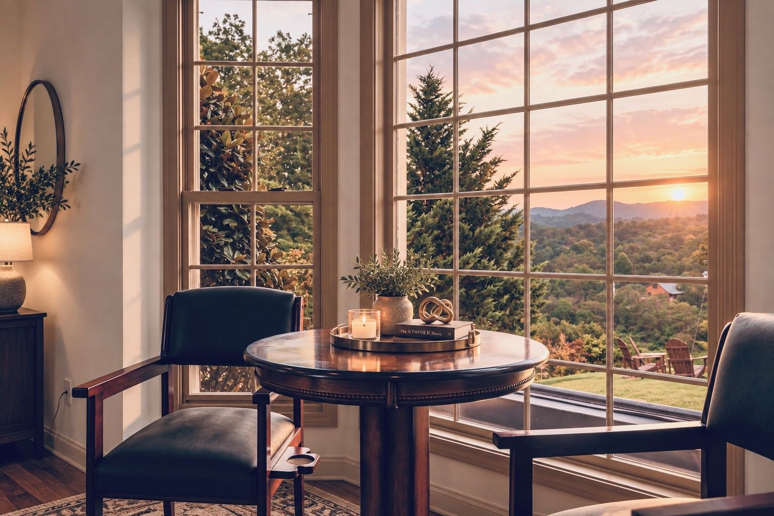 A room with a round table, two chairs, a potted plant, a candle, and a book titled 'The Kinfolk Home'.