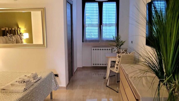 Una habitación con una cama, una mesita, un espejo, un radiador y una planta en maceta.