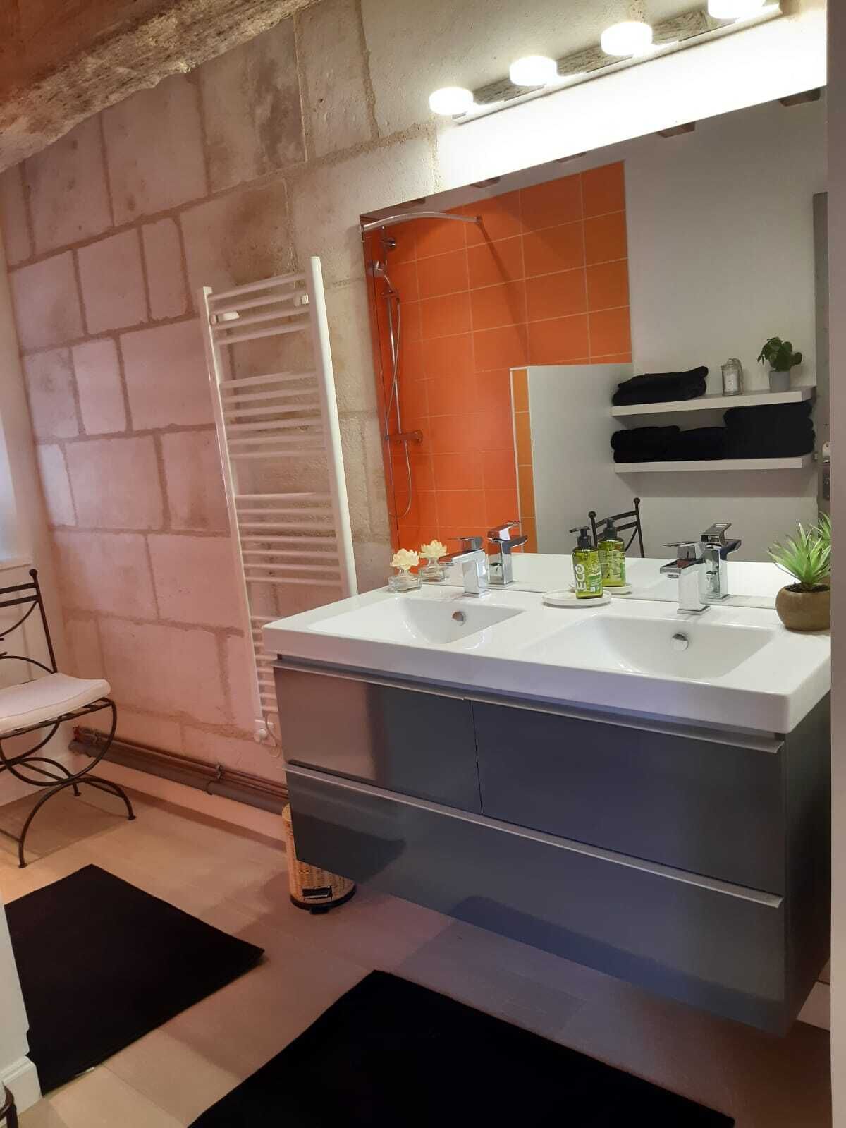 Un baño con tocador doble, perchero, ducha y espejo.