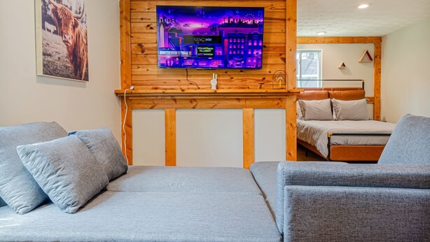 Una habitación acogedora con una cama, un sofá y un televisor fijado en una pared de madera.