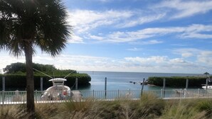 A coastal view with a boat dock, a palm tree, and a fenced area with a view of the sea. - Beautiful Waterfront Villa 133 Anglers Reef with On-Site Boat Slip  (Islamorada)